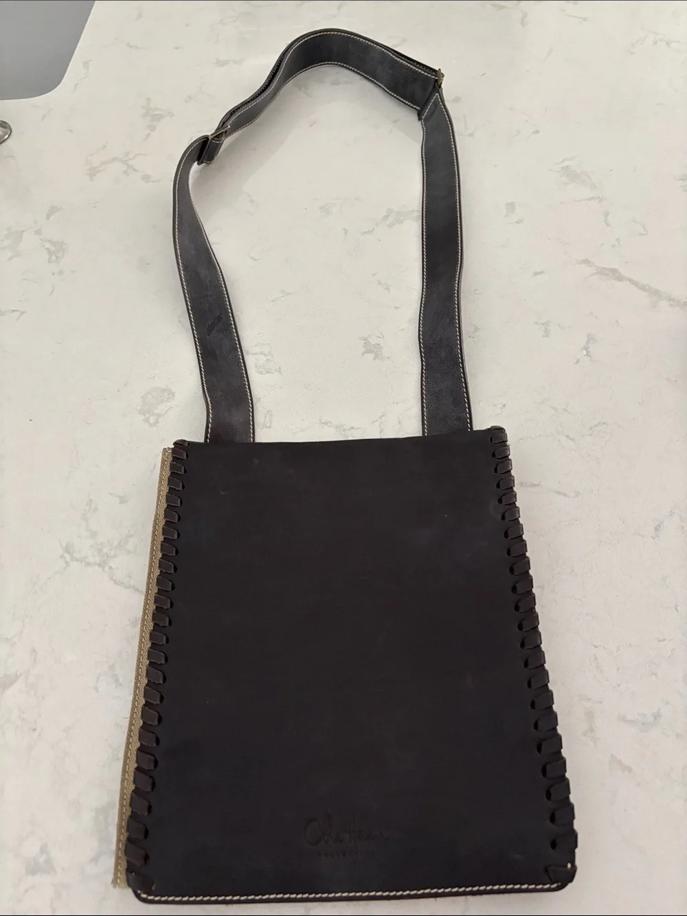 Cole Haan Dark Brown Leather Messenger with Whipstitch Trim